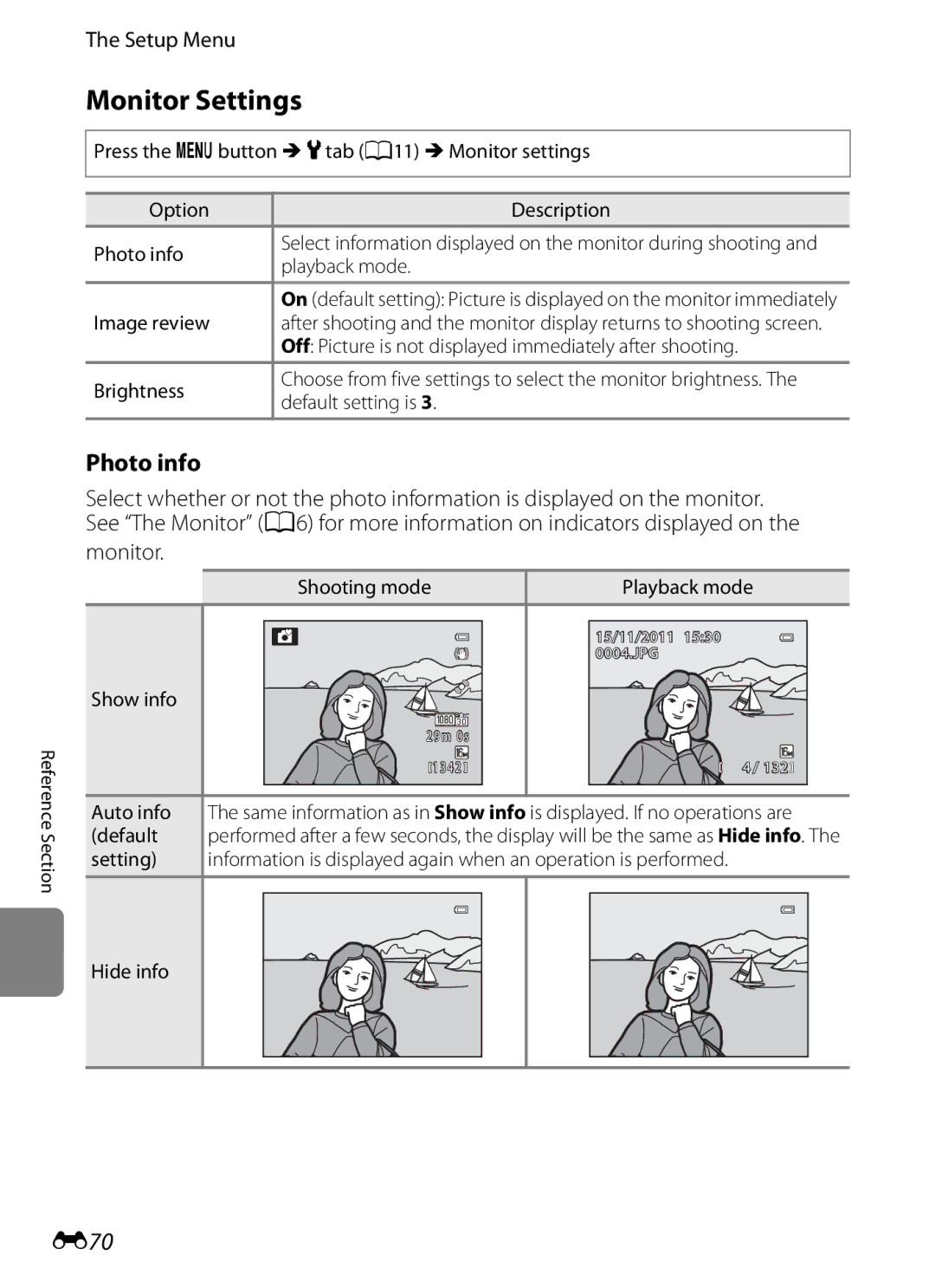 Nikon COOLPIX AW100 manual Monitor Settings, Photo info, E70 