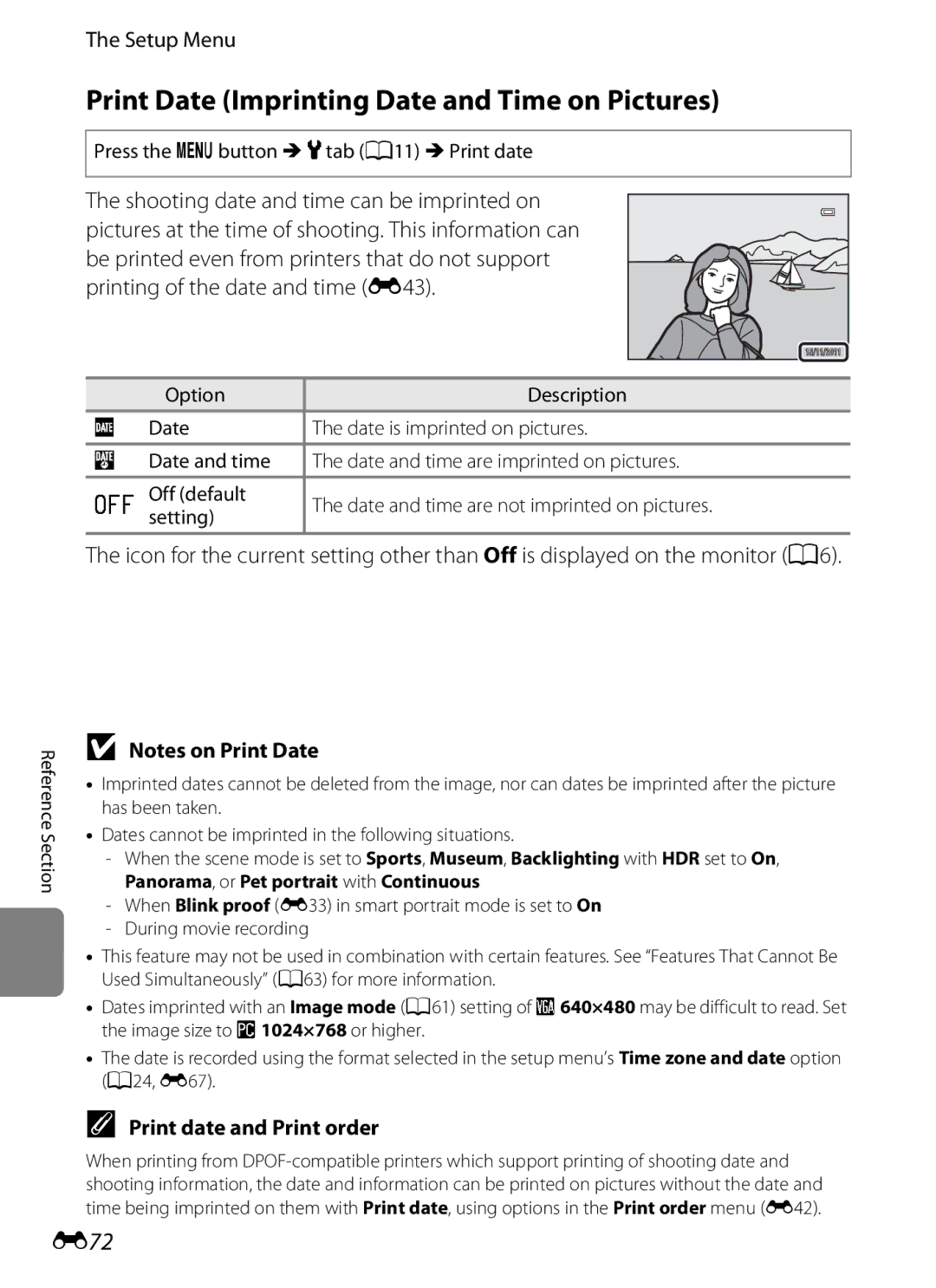 Nikon COOLPIX AW100 manual Print Date Imprinting Date and Time on Pictures, E72, Print date and Print order 