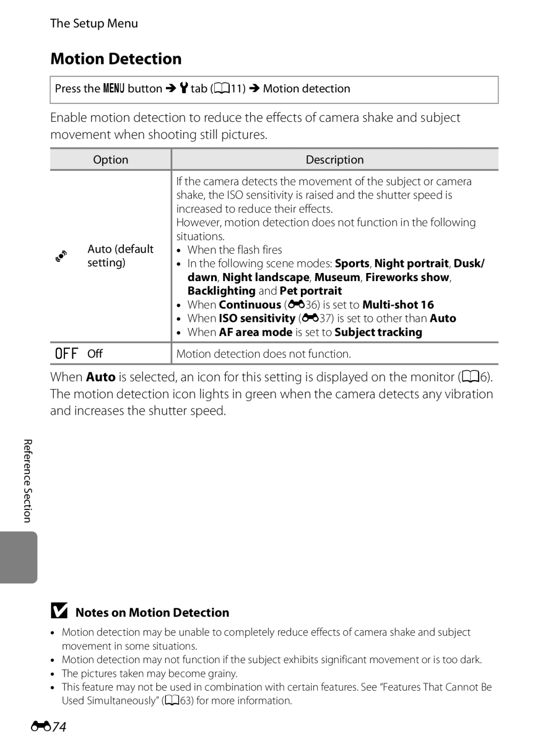 Nikon COOLPIX AW100 manual Motion Detection, E74 