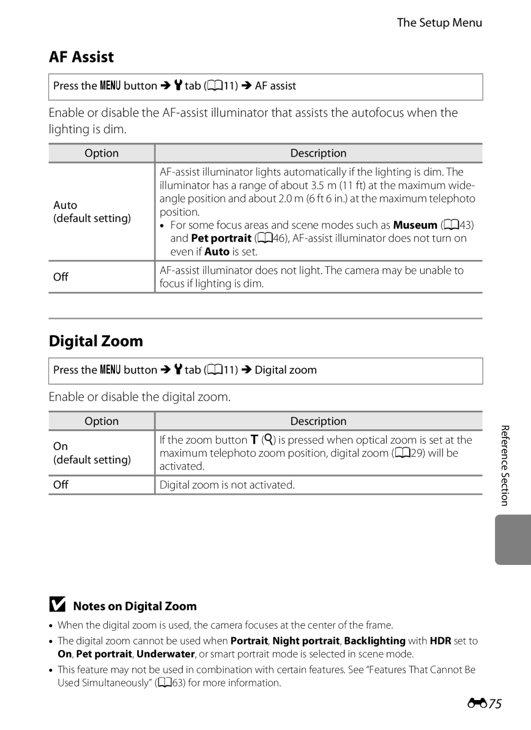 Nikon COOLPIX AW100 manual AF Assist, Digital Zoom, E75, Enable or disable the digital zoom 