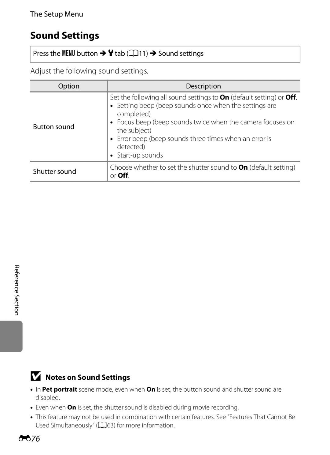 Nikon COOLPIX AW100 manual Sound Settings, E76, Adjust the following sound settings 