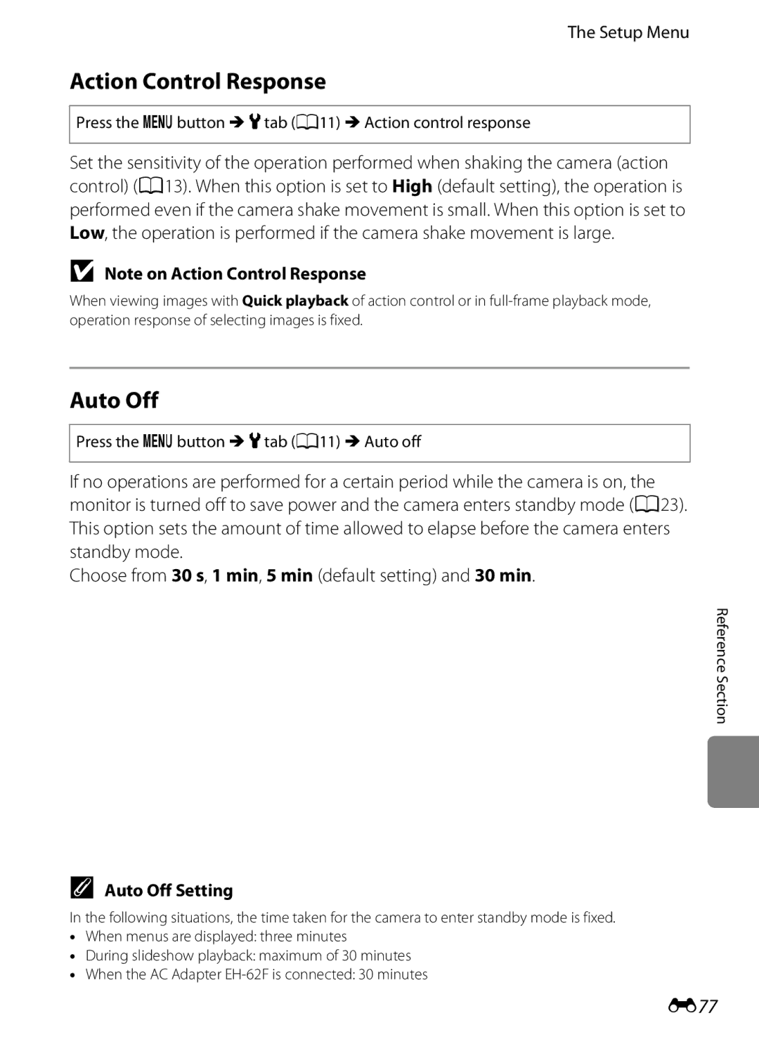 Nikon COOLPIX AW100 manual Action Control Response, E77, Auto Off Setting, Press the dbutton M ztab A11 M Auto off 