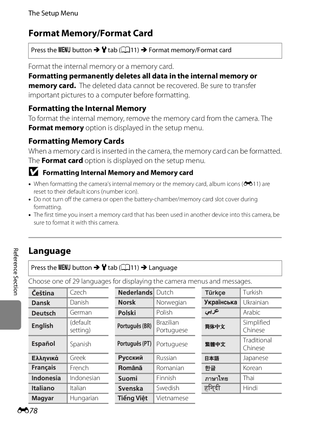 Nikon AW100 manual Format Memory/Format Card, Language, Formatting the Internal Memory, Formatting Memory Cards, E78 