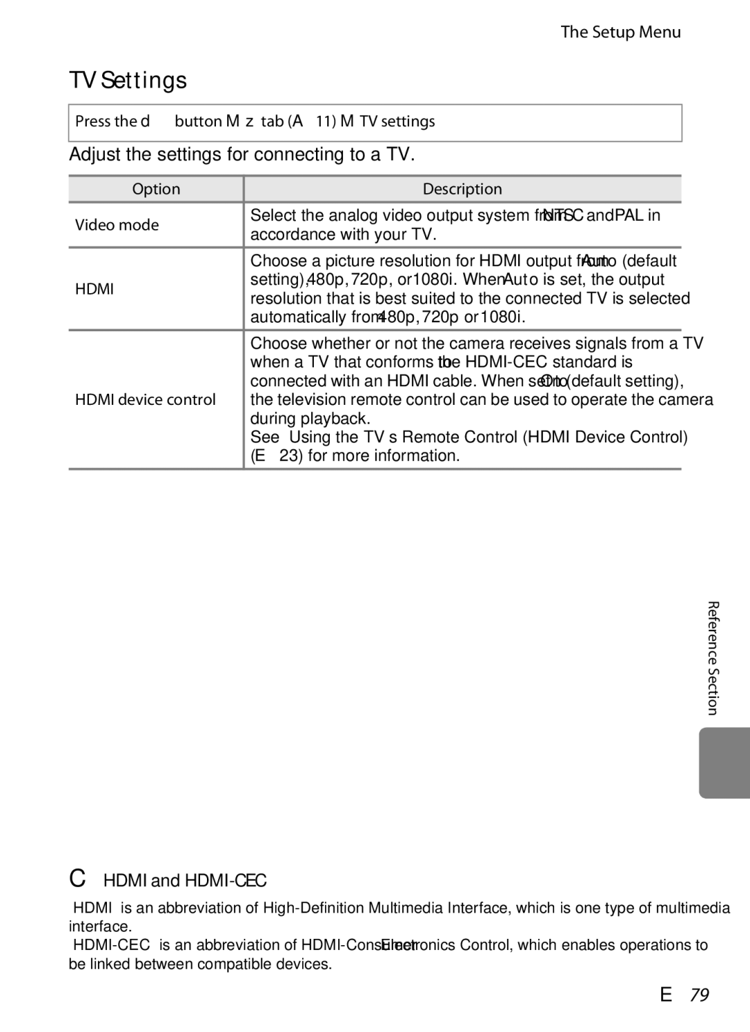 Nikon COOLPIX AW100 manual TV Settings, E79, Adjust the settings for connecting to a TV, Hdmi and HDMI-CEC 