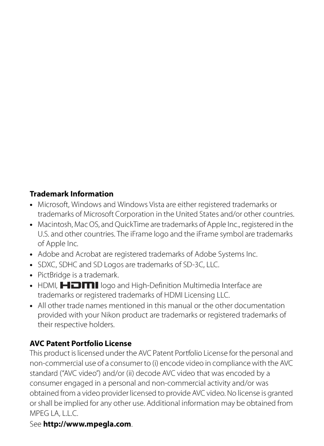 Nikon COOLPIX AW100 manual Trademark Information, AVC Patent Portfolio License 