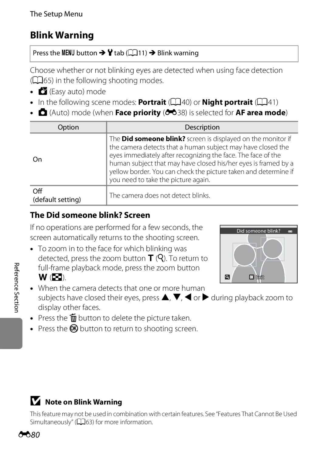 Nikon COOLPIX AW100 manual Blink Warning, Did someone blink? Screen, E80 