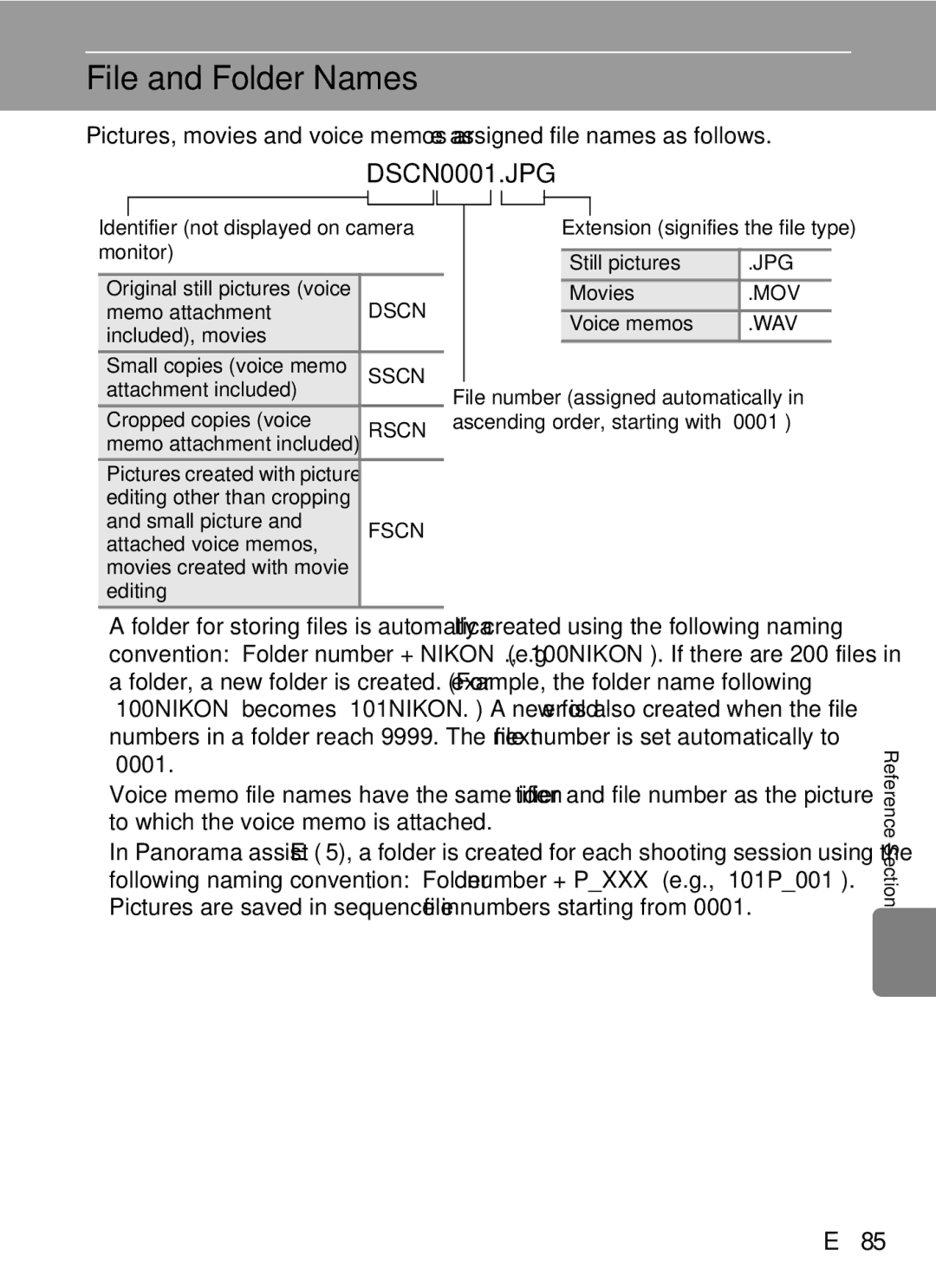 Nikon COOLPIX AW100 manual File and Folder Names, E85 