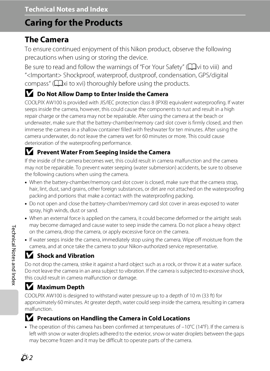 Nikon COOLPIX AW100 manual Caring for the Products, Camera 