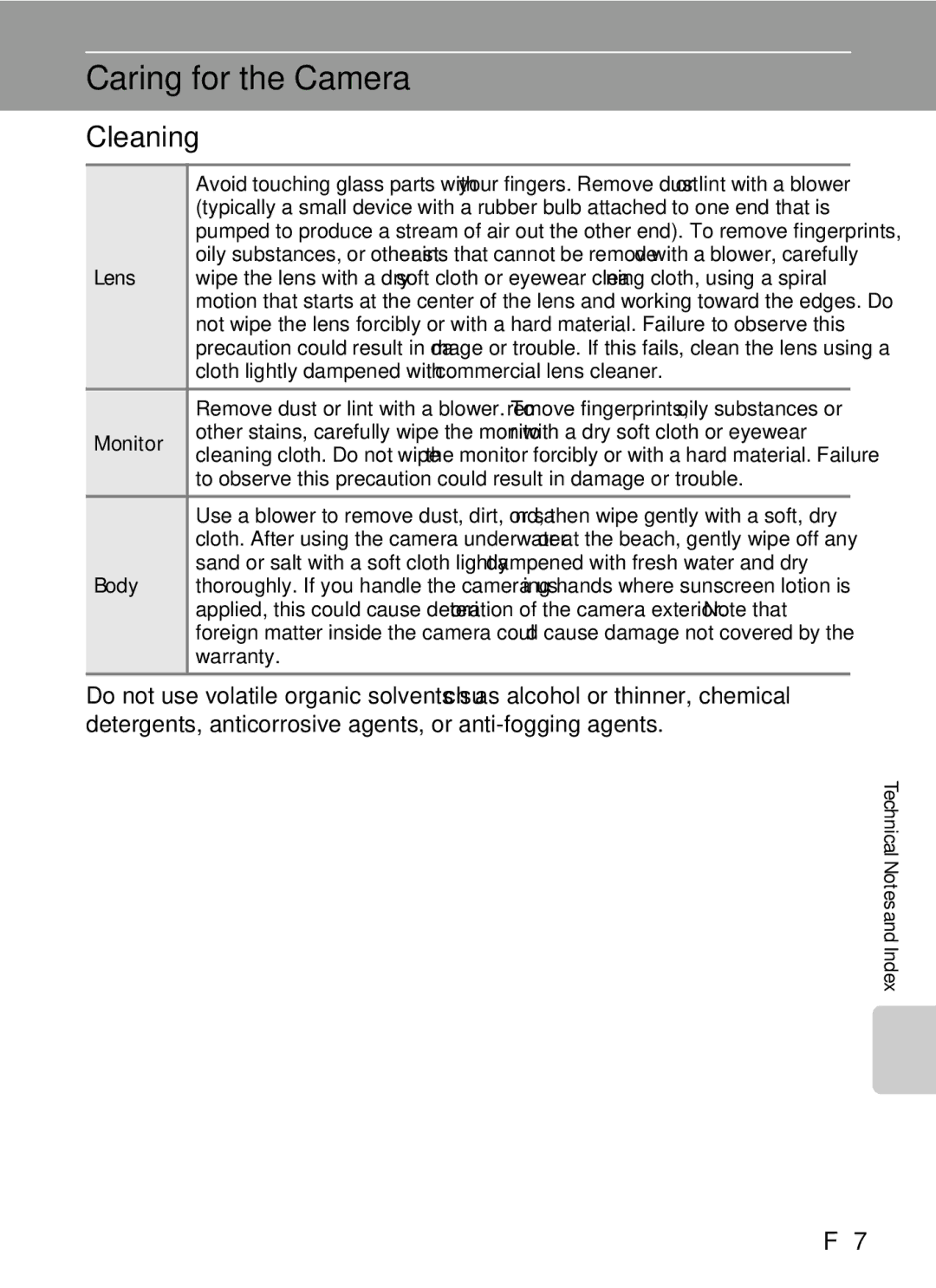 Nikon COOLPIX AW100 Caring for the Camera, Cleaning, Cloth lightly dampened with commercial lens cleaner, Monitor, Body 