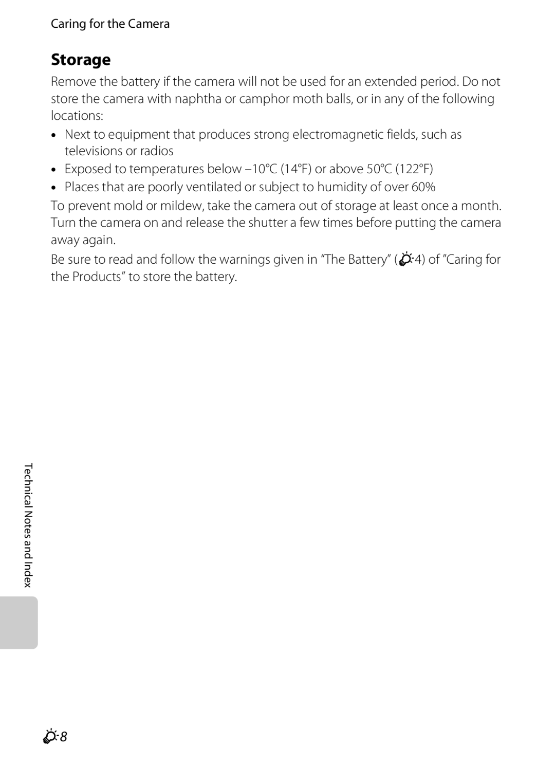 Nikon COOLPIX AW100 manual Storage, Caring for the Camera 