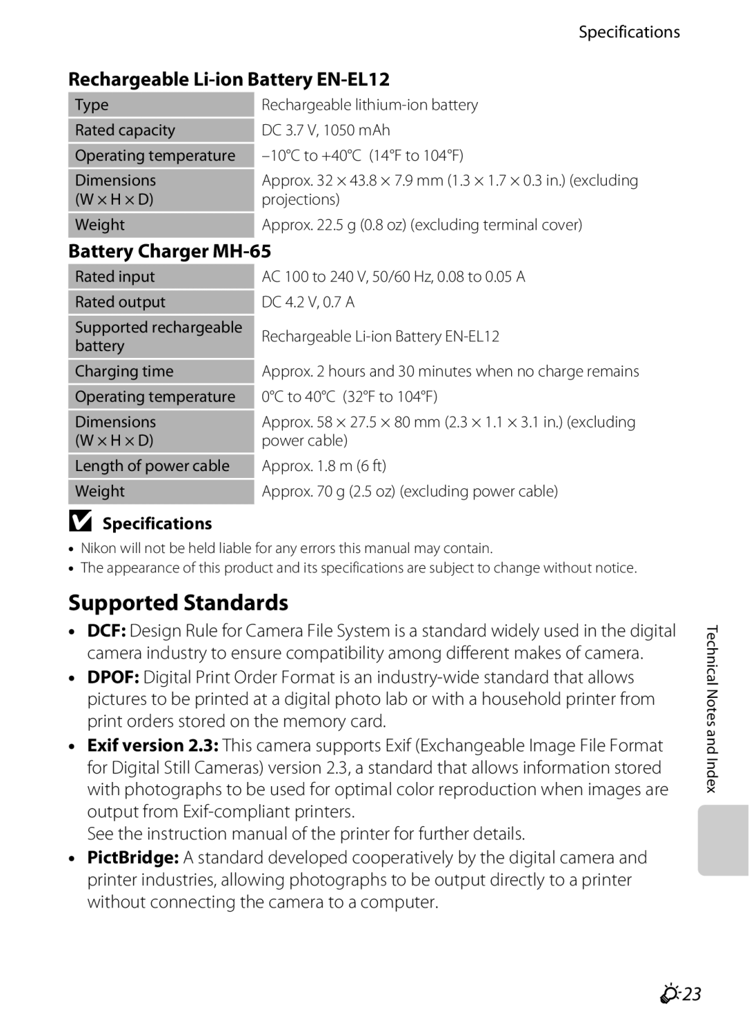 Nikon COOLPIX AW100 Supported Standards, Rechargeable Li-ion Battery EN-EL12, Battery Charger MH-65, F23, Specifications 