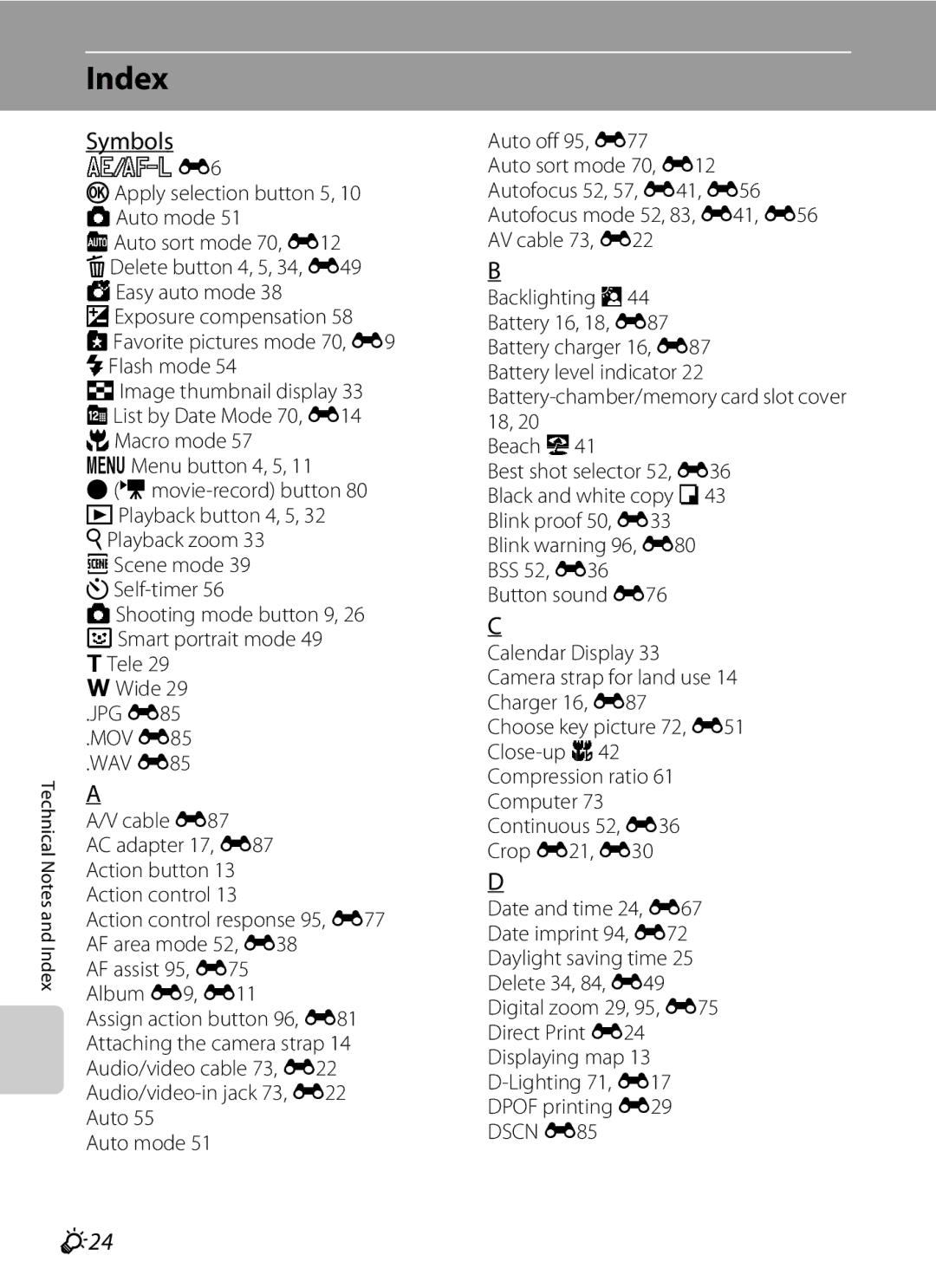 Nikon COOLPIX AW100 manual Index, Symbols, F24, Playback zoom 33 C Scene mode 