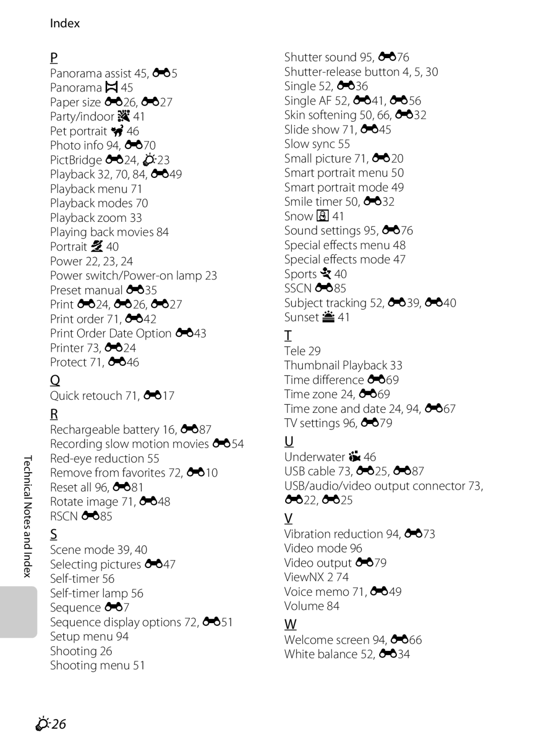 Nikon COOLPIX AW100 manual F26, Subject tracking 52, E39, E40 Sunset h Tele, Shooting 26 Shooting menu 