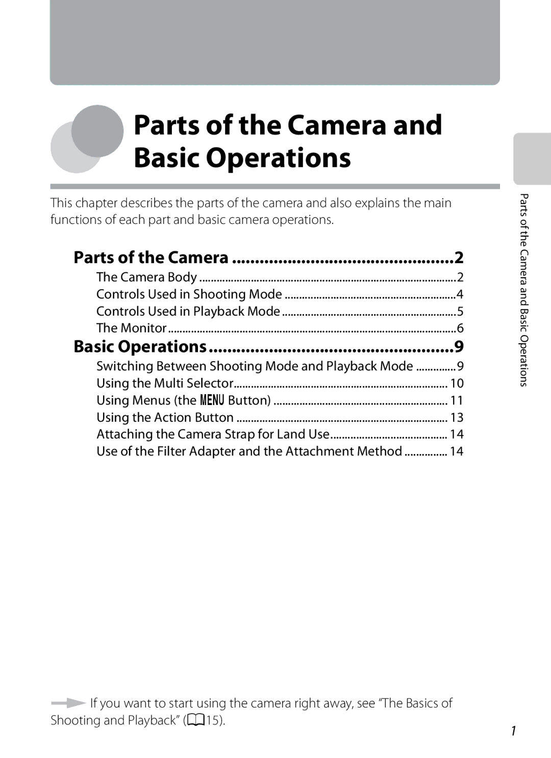 Nikon COOLPIX AW100 manual Parts of the Camera, Basic Operations, Switching Between Shooting Mode and Playback Mode 