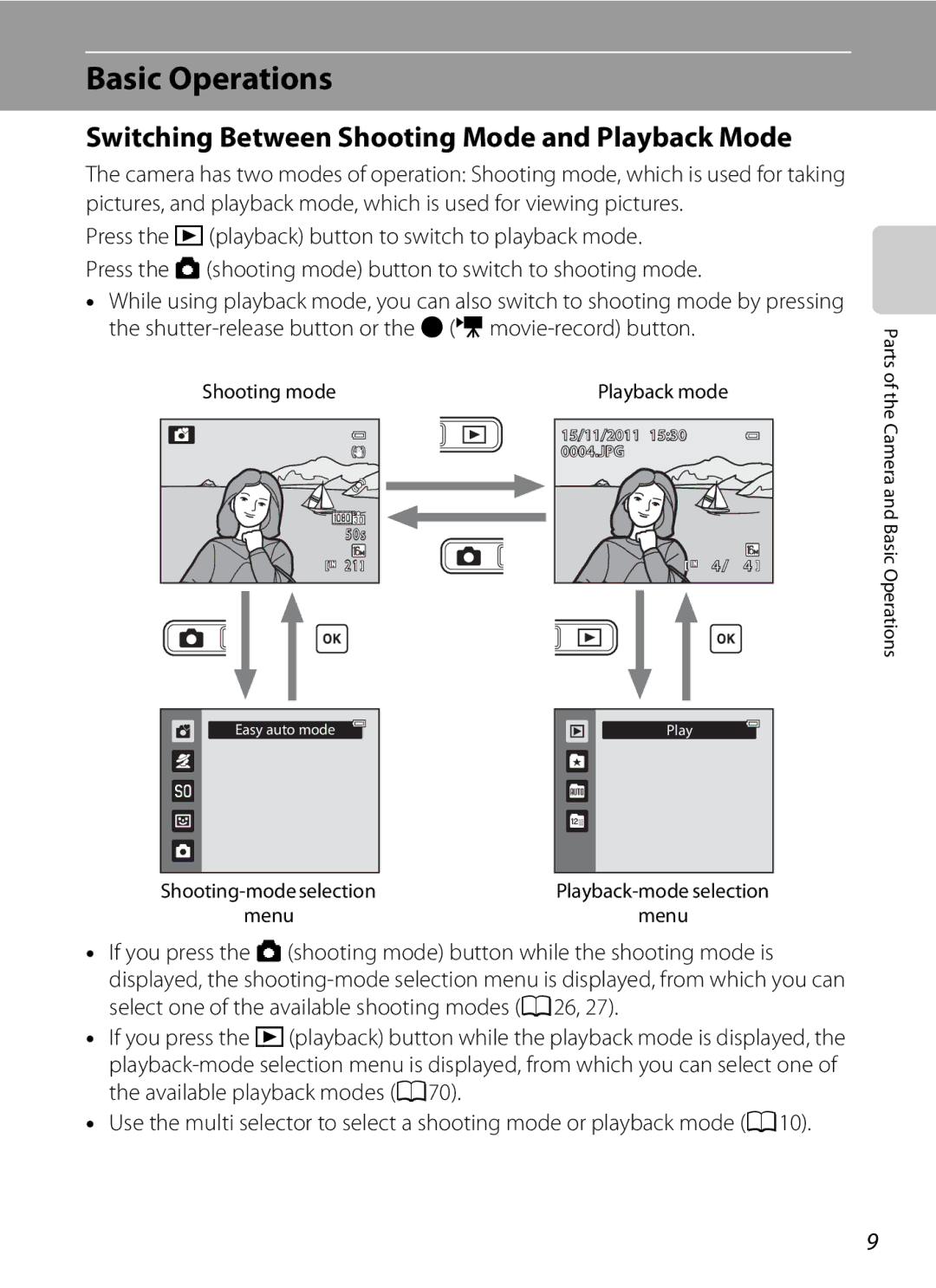 Nikon COOLPIX AW100 manual Basic Operations, Switching Between Shooting Mode and Playback Mode, Shooting mode Playback mode 