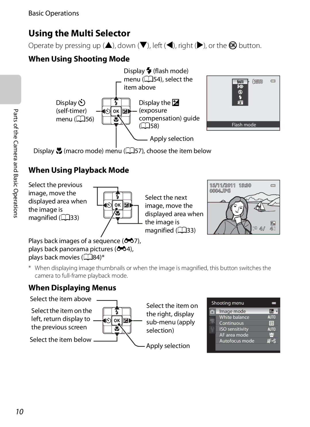 Nikon AW100 manual Using the Multi Selector, When Using Shooting Mode, When Using Playback Mode, When Displaying Menus 