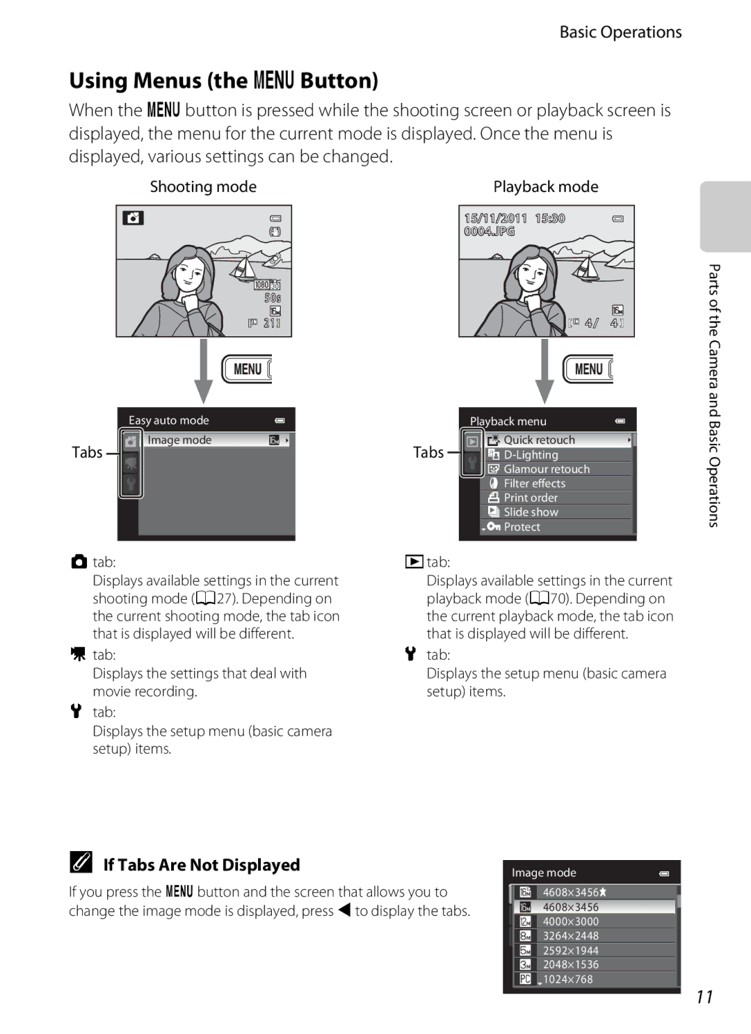 Nikon COOLPIX AW100 manual Using Menus the dButton, If Tabs Are Not Displayed, Basic Operations Tab 