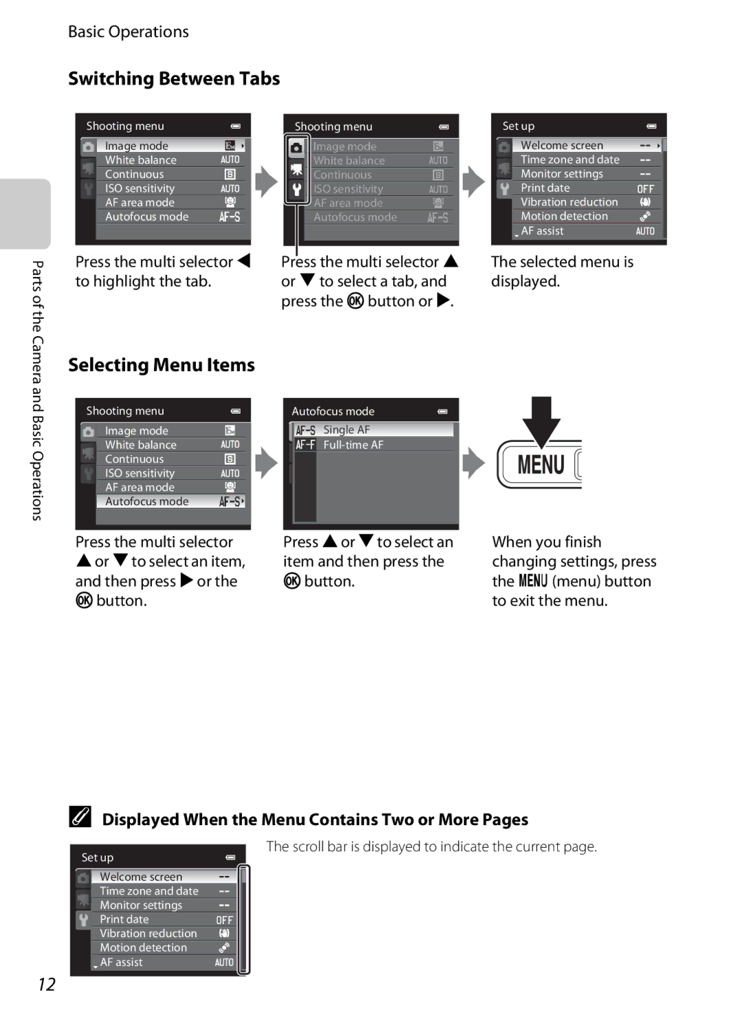 Nikon AW100 manual Switching Between Tabs, Selecting Menu Items, Displayed When the Menu Contains Two or More Pages 