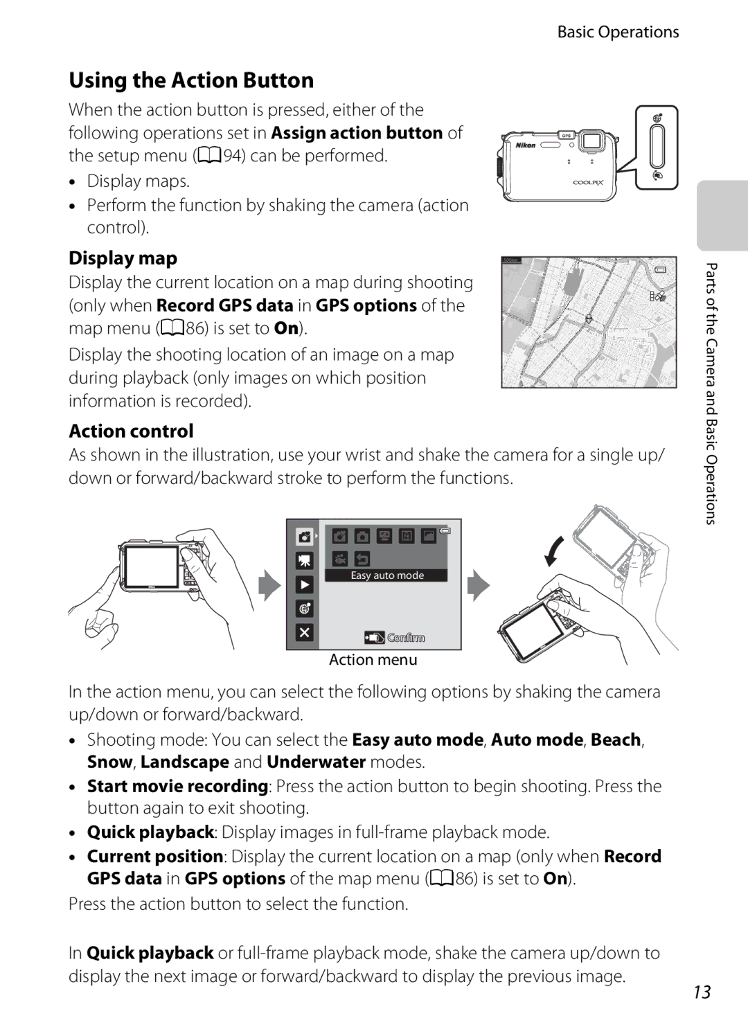 Nikon COOLPIX AW100 Using the Action Button, Display map, Action control, Press the action button to select the function 