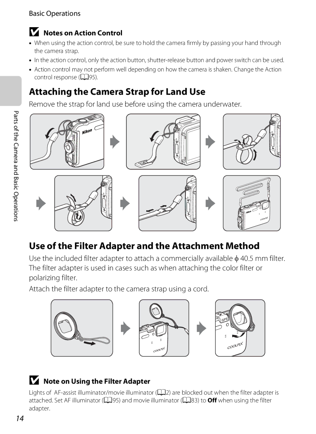 Nikon COOLPIX AW100 manual Attaching the Camera Strap for Land Use, Use of the Filter Adapter and the Attachment Method 