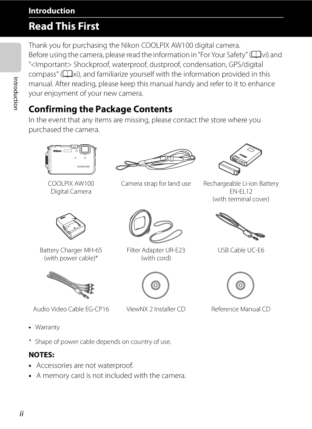 Nikon COOLPIX AW100 manual Read This First, Confirming the Package Contents 