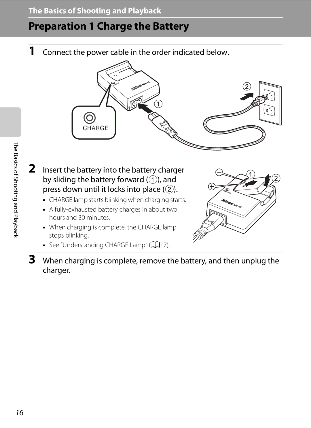 Nikon COOLPIX AW100 manual Preparation 1 Charge the Battery 