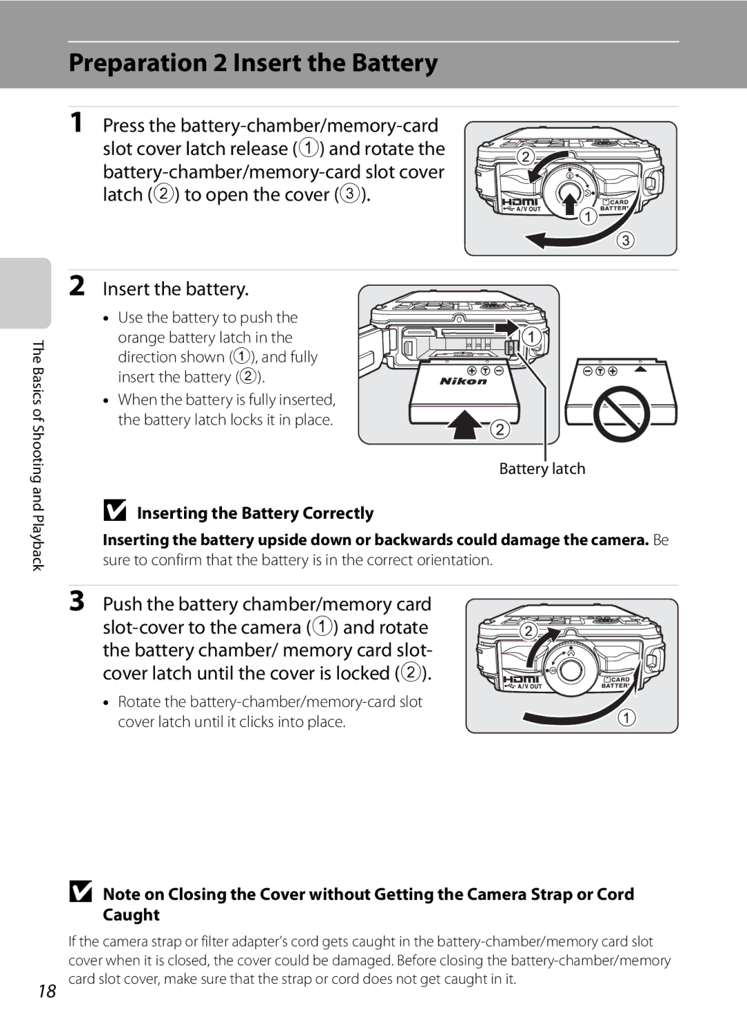 Nikon AW100 Preparation 2 Insert the Battery, Insert the battery, Push the battery chamber/memory card, Battery latch 