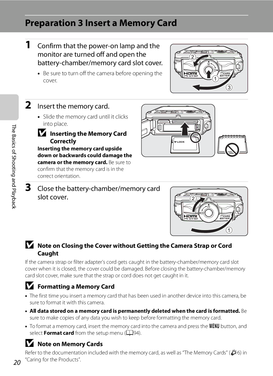 Nikon COOLPIX AW100 manual Preparation 3 Insert a Memory Card, Confirm that the power-on lamp, Insert the memory card 