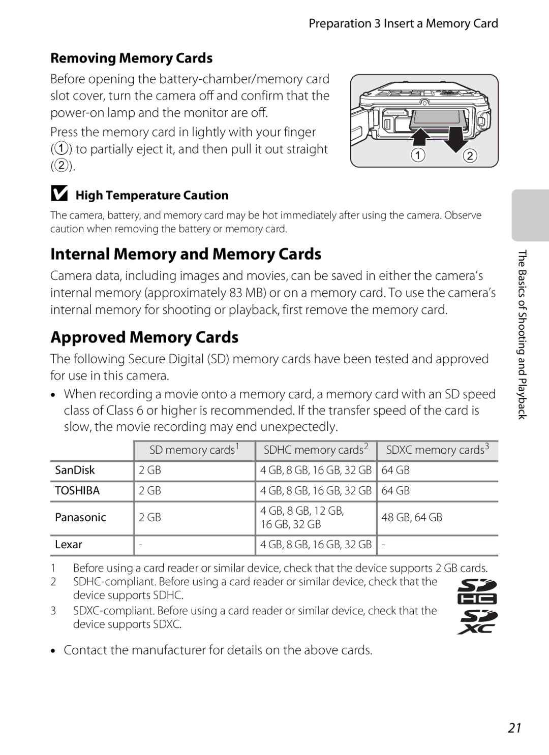 Nikon COOLPIX AW100 manual Internal Memory and Memory Cards, Approved Memory Cards, Removing Memory Cards 