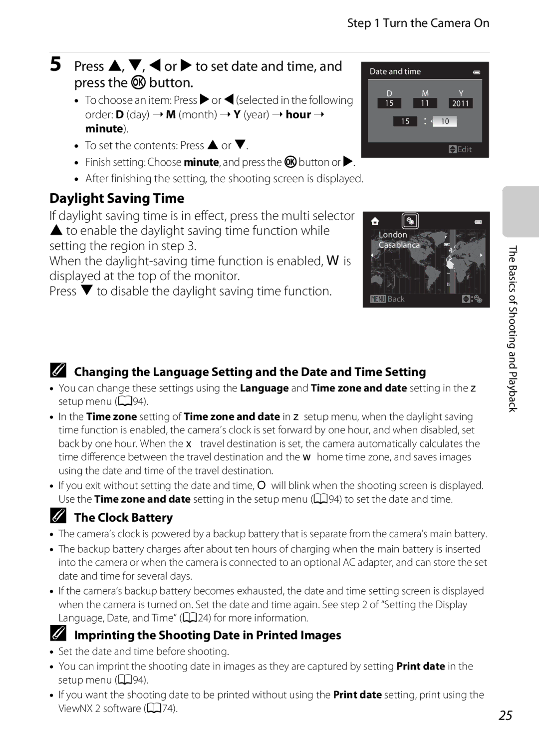 Nikon COOLPIX AW100 manual Daylight Saving Time, Changing the Language Setting and the Date and Time Setting, Clock Battery 