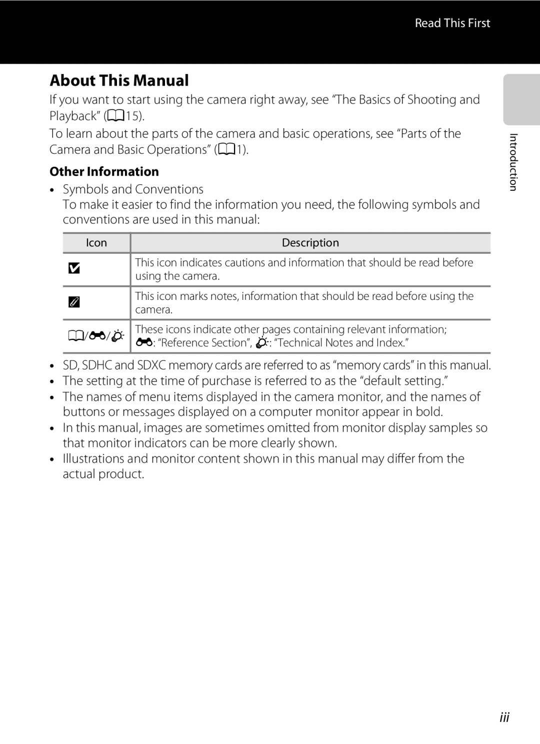 Nikon COOLPIX AW100 manual About This Manual, Iii, Other Information, Icon, Reference Section, F Technical Notes and Index 