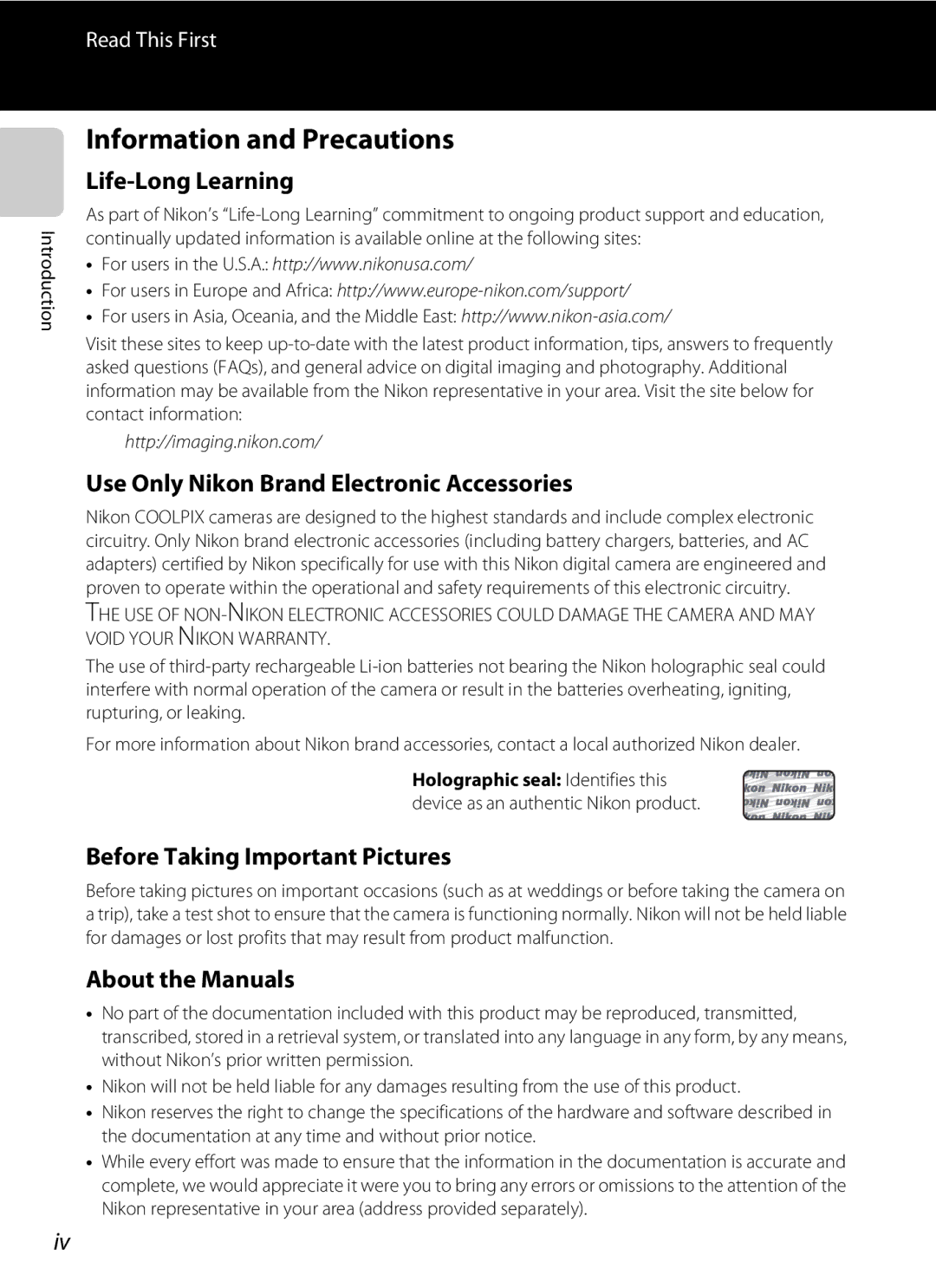 Nikon COOLPIX AW100 manual Information and Precautions, Life-Long Learning, Use Only Nikon Brand Electronic Accessories 