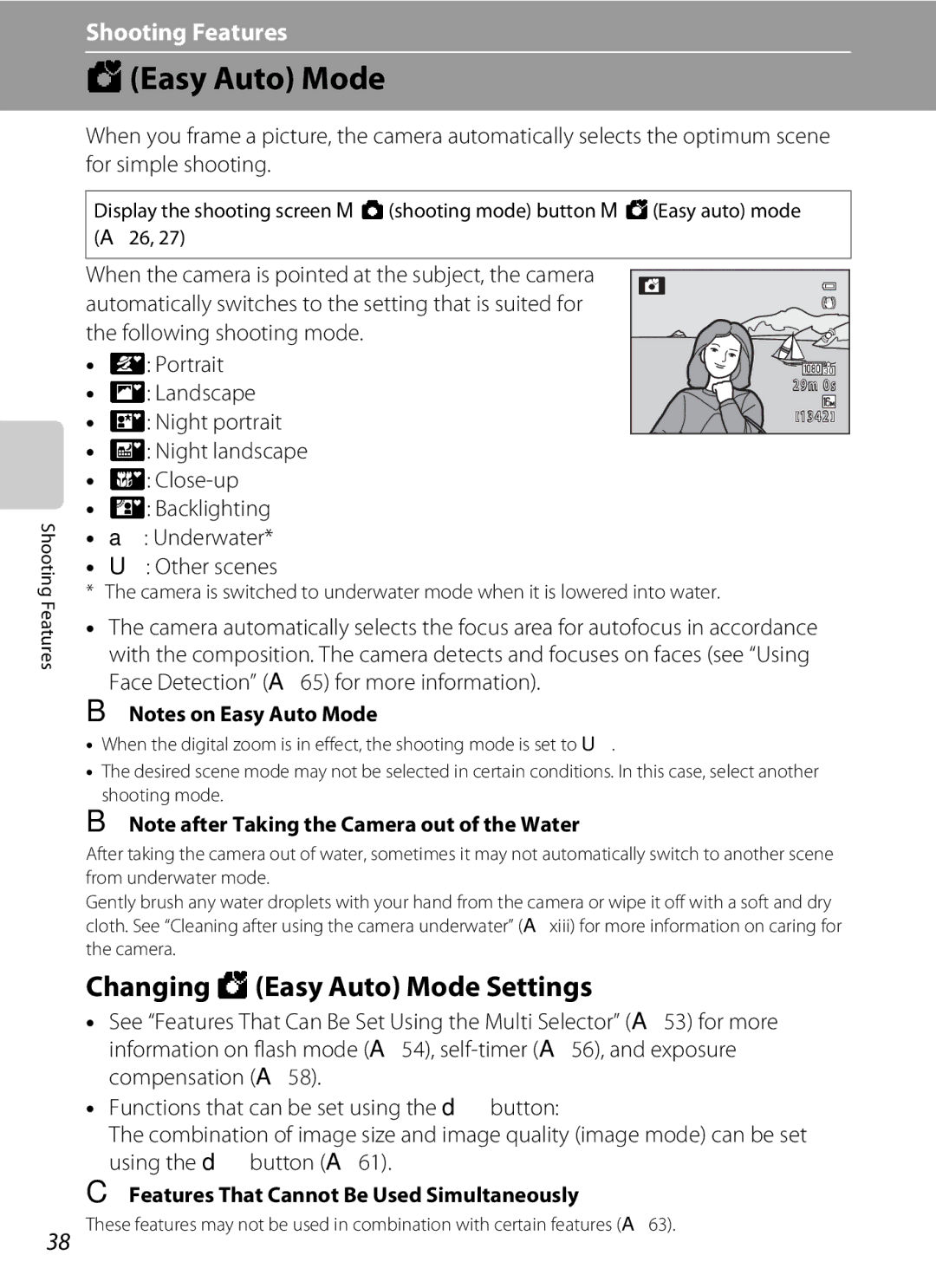 Nikon COOLPIX AW100 manual Changing GEasy Auto Mode Settings, Features That Cannot Be Used Simultaneously 