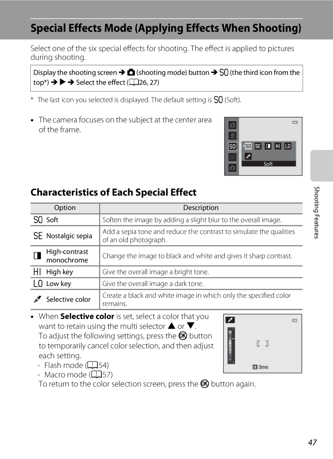 Nikon COOLPIX AW100 manual Characteristics of Each Special Effect, Each setting Flash mode A54, Macro mode A57 