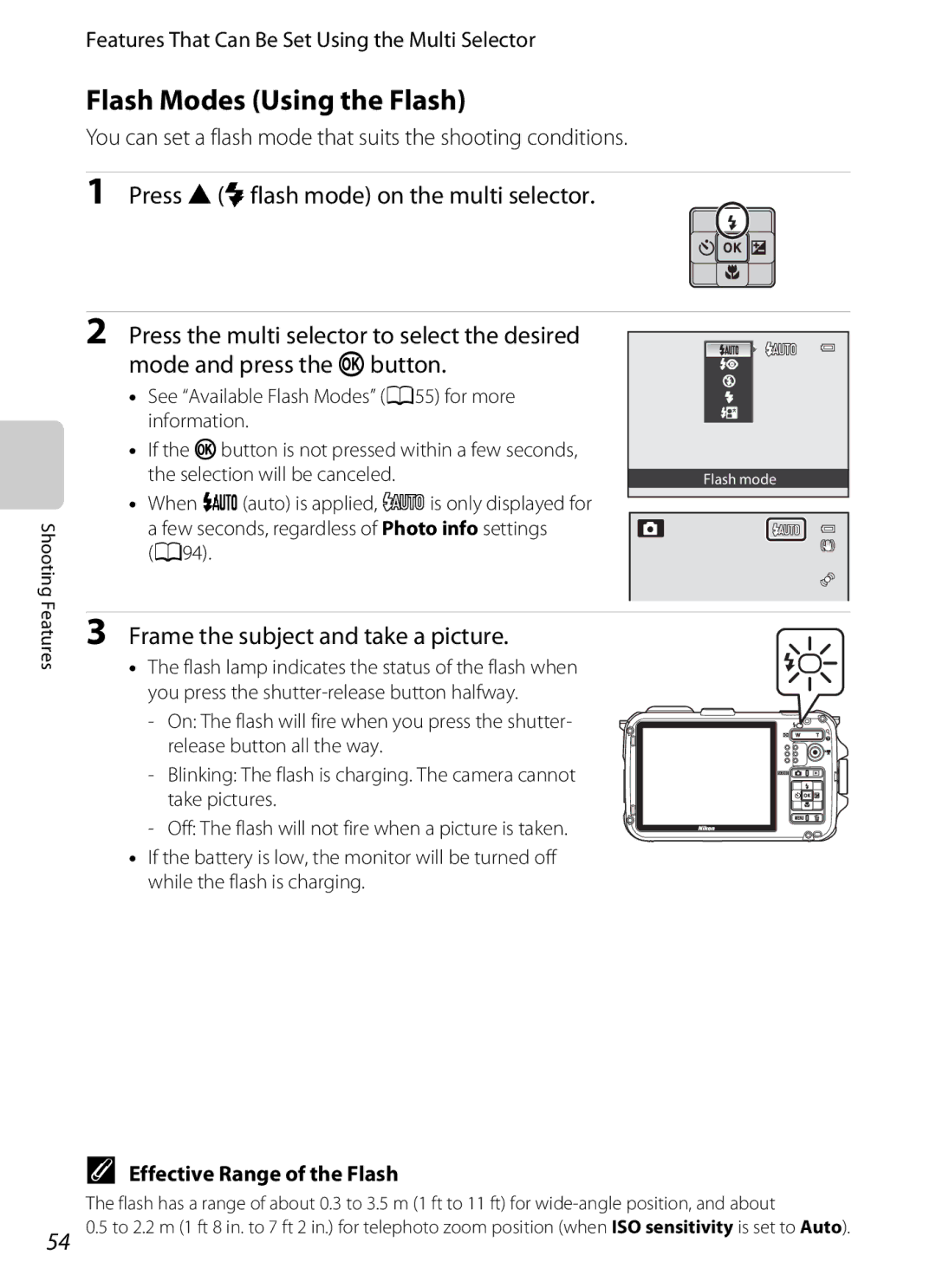 Nikon COOLPIX AW100 Flash Modes Using the Flash, Frame the subject and take a picture, Effective Range of the Flash 