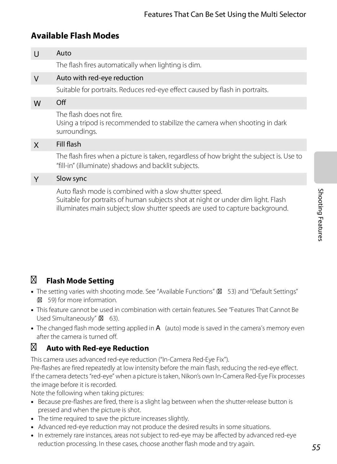 Nikon COOLPIX AW100 manual Available Flash Modes, Flash Mode Setting, Auto with Red-eye Reduction 