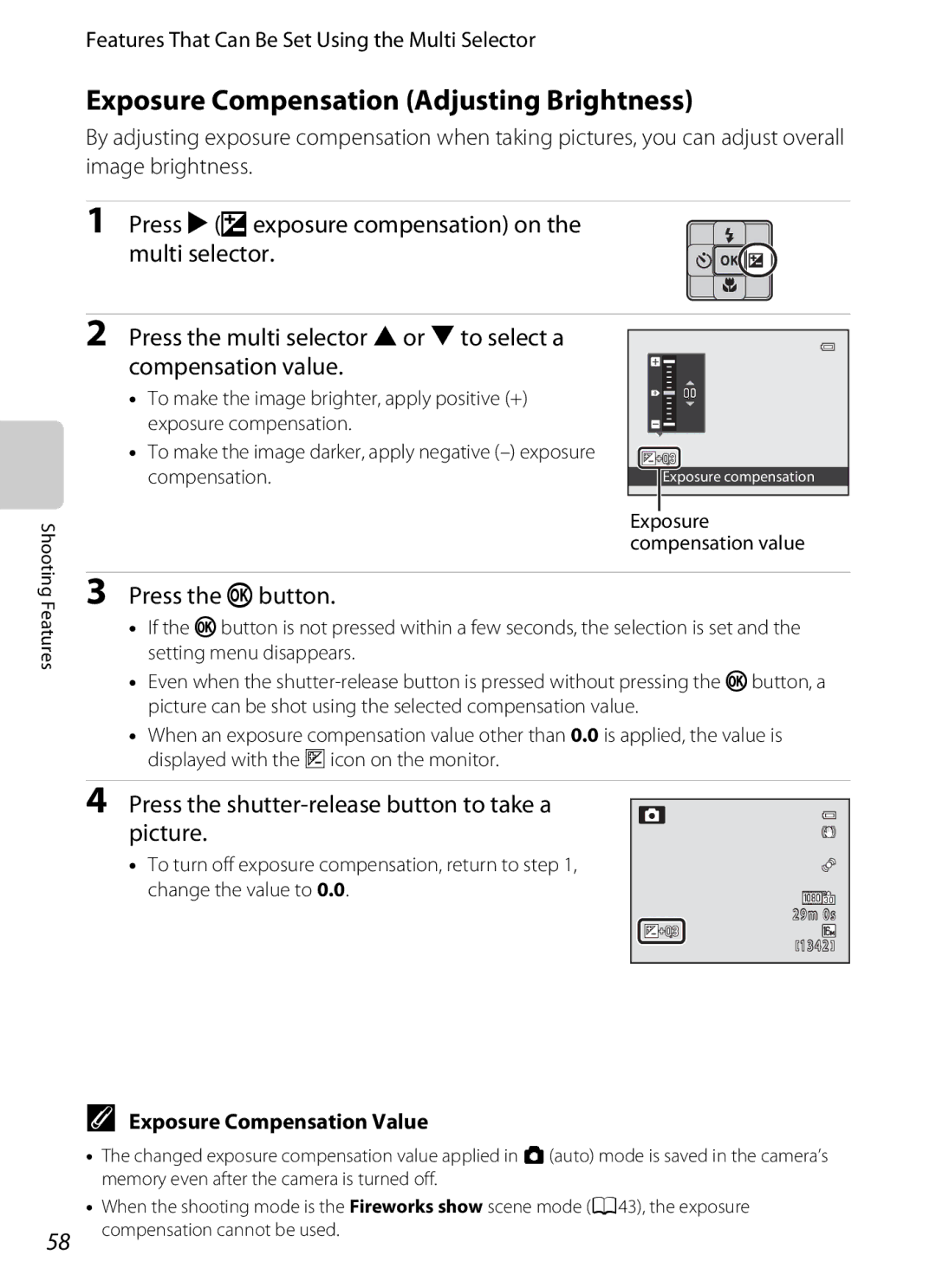 Nikon AW100 manual Exposure Compensation Adjusting Brightness, Press K oexposure compensation on the multi selector 