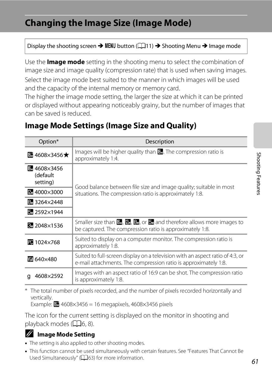 Nikon COOLPIX AW100 manual Changing the Image Size Image Mode, Image Mode Settings Image Size and Quality 