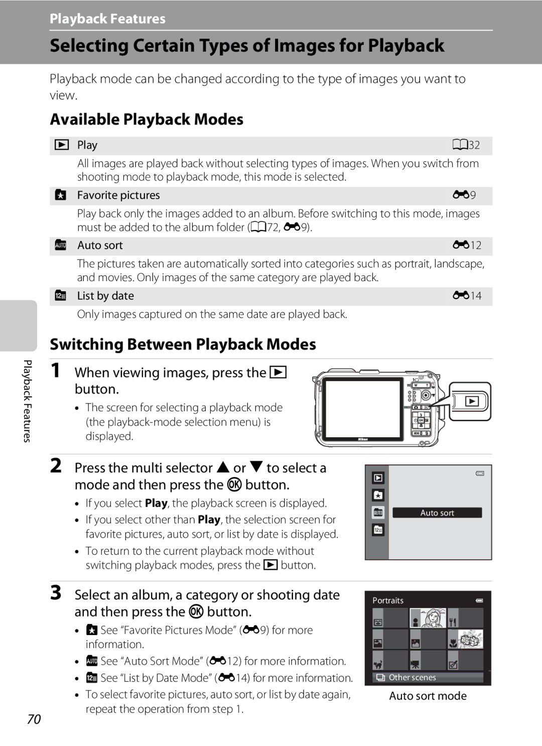 Nikon AW100 Selecting Certain Types of Images for Playback, Available Playback Modes, Switching Between Playback Modes 