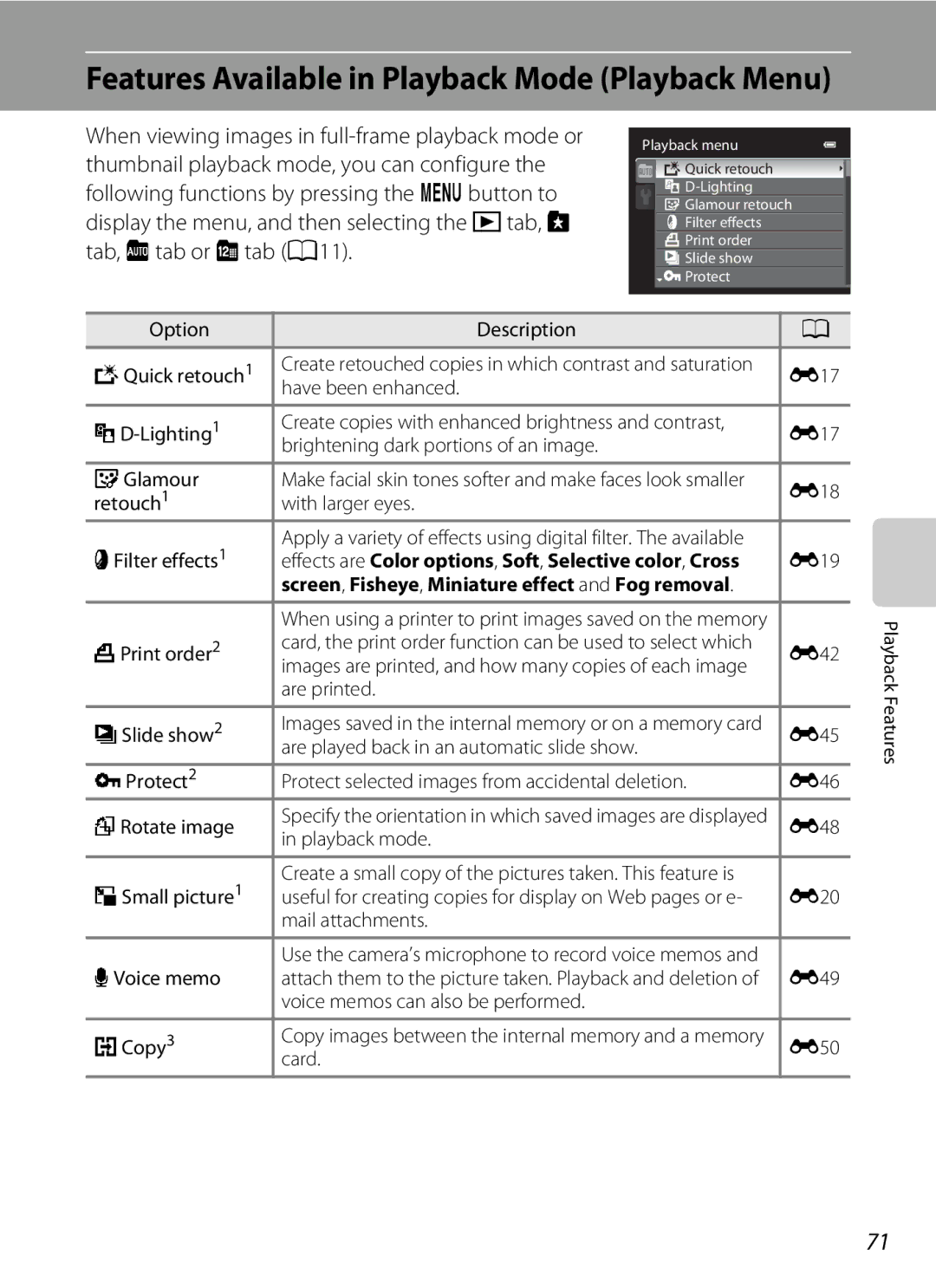 Nikon COOLPIX AW100 manual Features Available in Playback Mode Playback Menu 