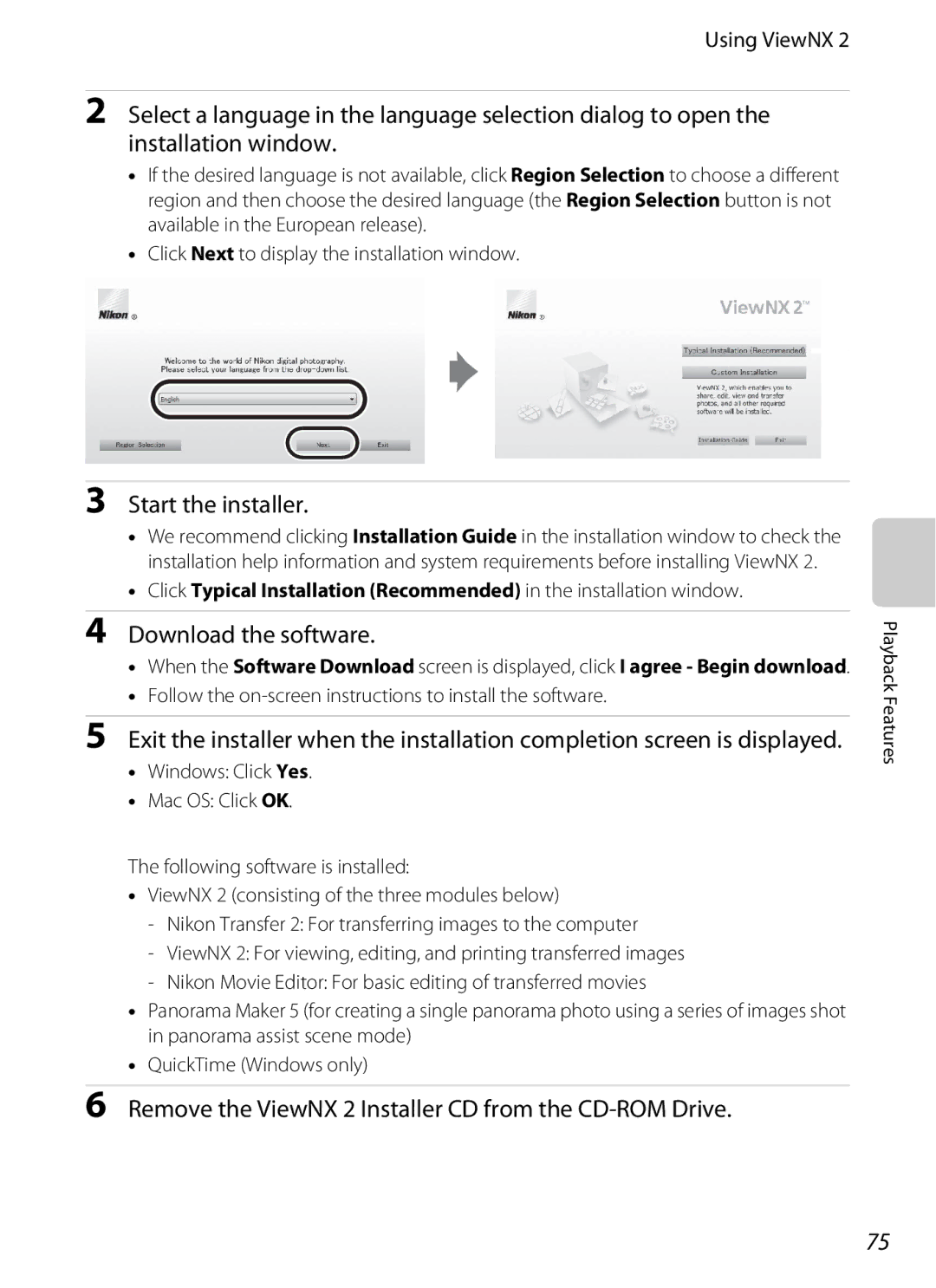 Nikon COOLPIX AW100 Start the installer, Download the software, Remove the ViewNX 2 Installer CD from the CD-ROM Drive 