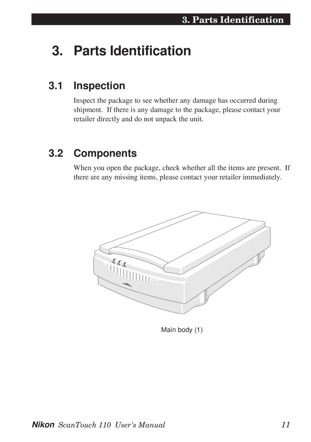 Nikon AX-110 manual Parts Identification, Inspection, Components 