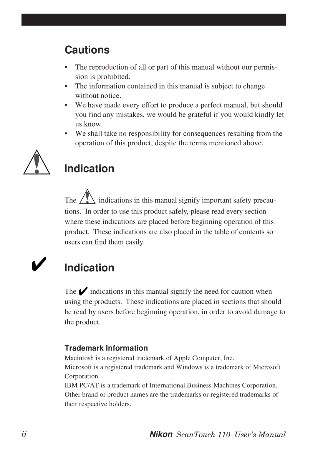 Nikon AX-110 manual Indication, Trademark Information 