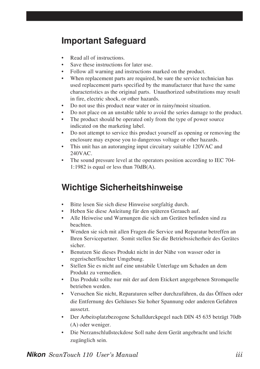 Nikon AX-110 manual Important Safeguard, Wichtige Sicherheitshinweise 