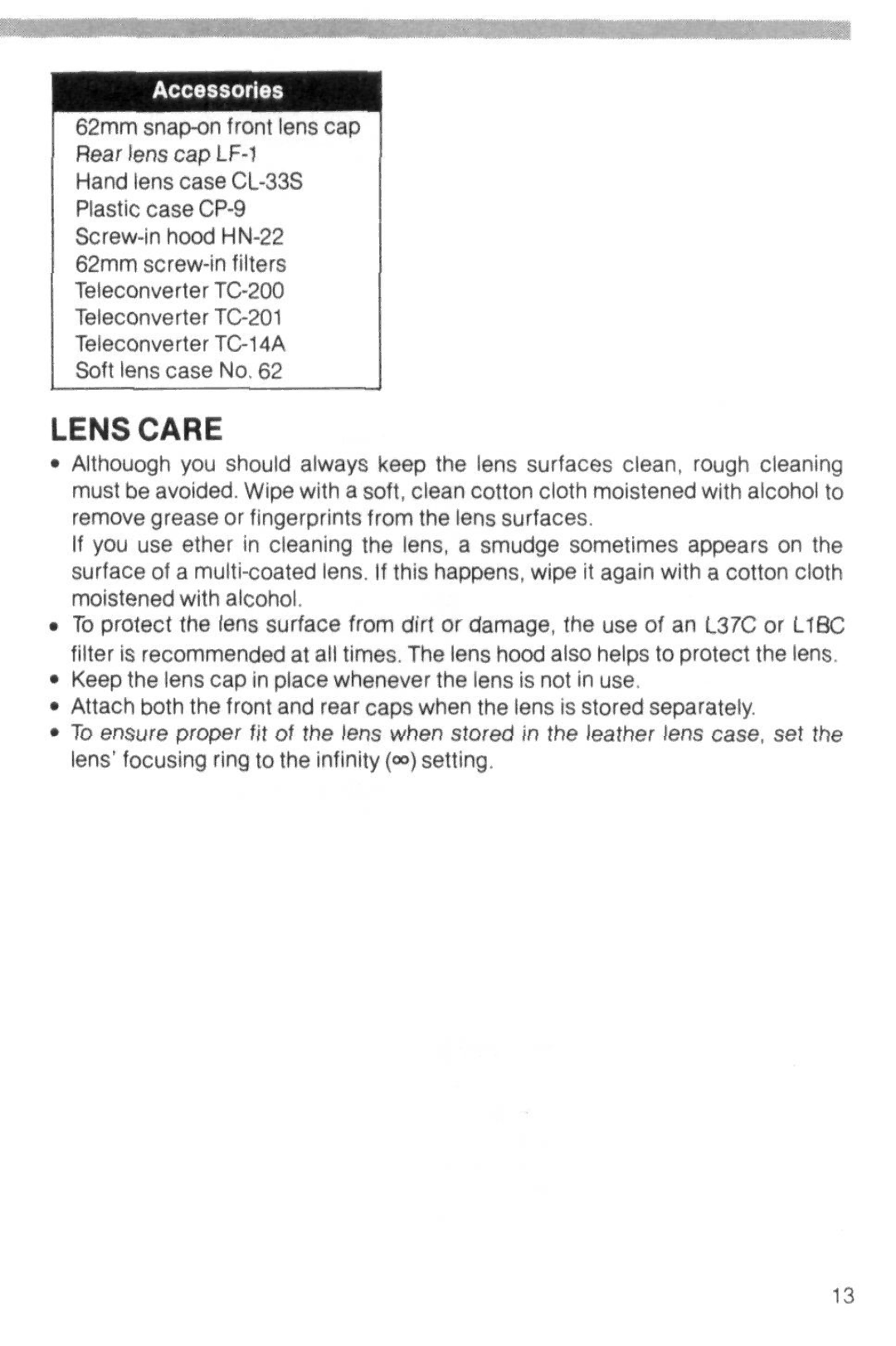 Nikon Camera Lens instruction manual Lens Care 