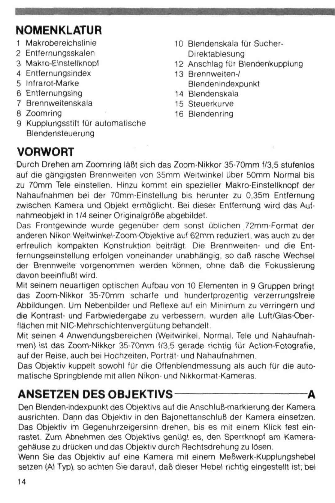 Nikon Camera Lens instruction manual Nomenklatur, Vorwort, Ansetzen Desobjektivs 