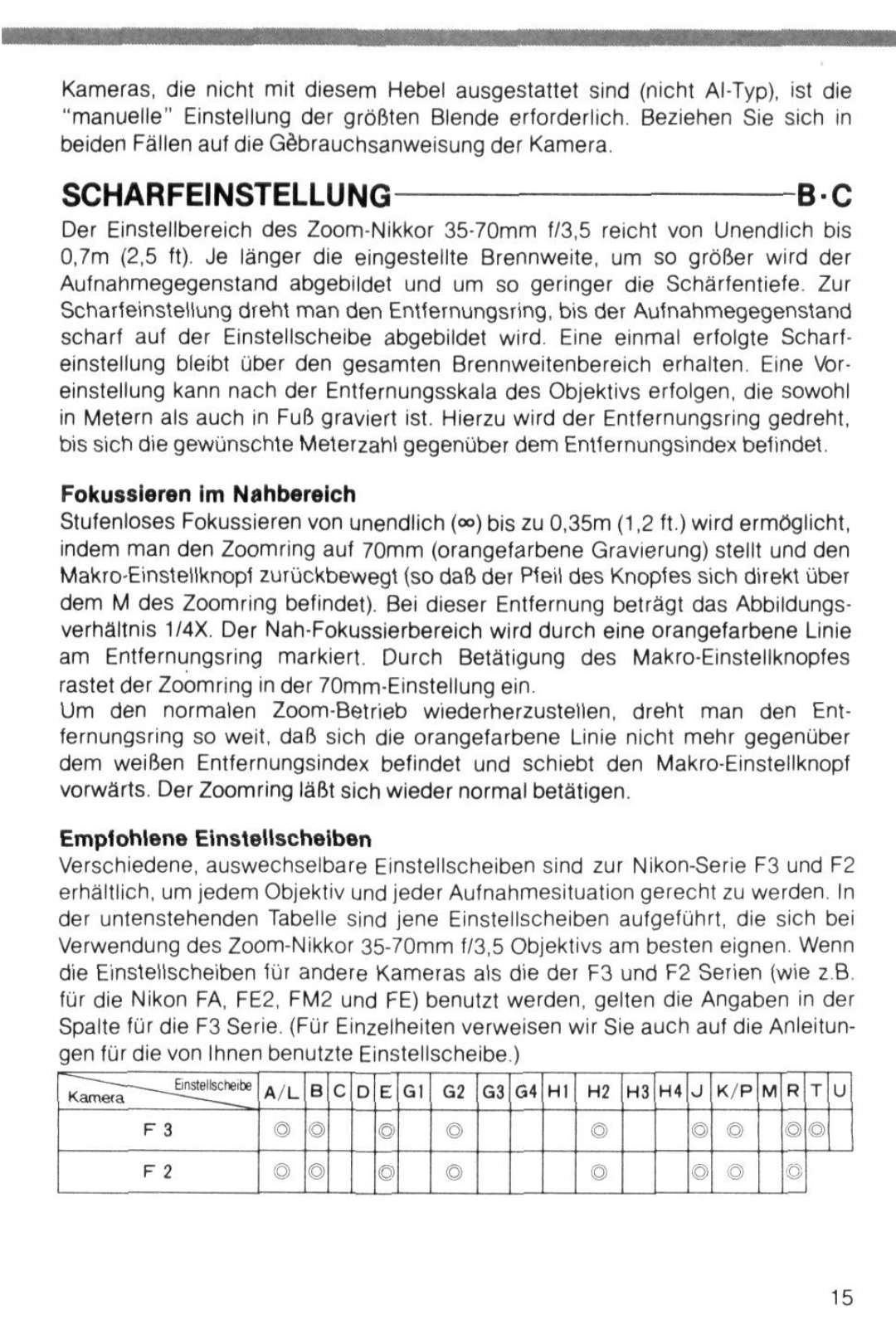 Nikon Camera Lens instruction manual Scharfeinstellung, Fokussieren im Nahbereich, Emplohlene Einstellscheiben 