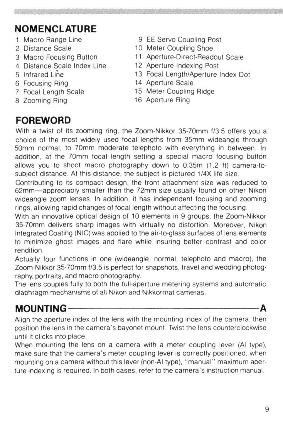 Nikon Camera Lens instruction manual Nomenclature, Foreword, Mountinga 