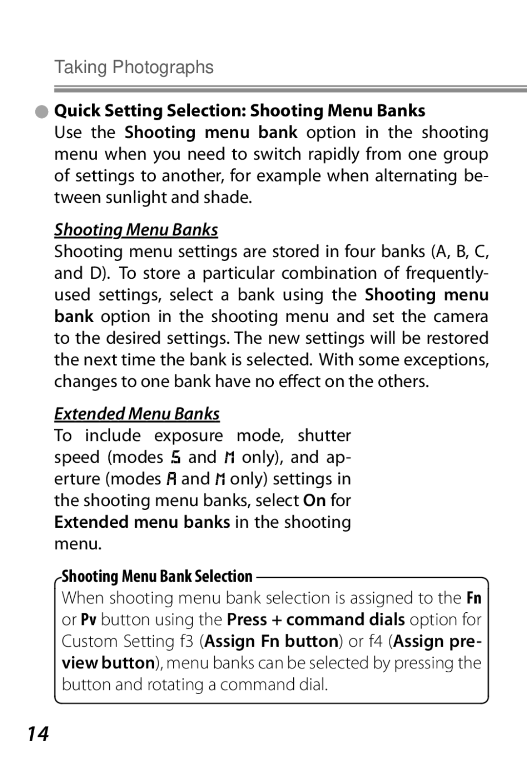 Nikon Camera manual Quick Setting Selection Shooting Menu Banks, Extended Menu Banks, Shooting Menu Bank Selection 