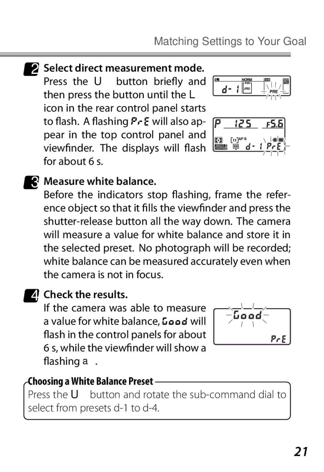 Nikon Camera manual Measure white balance, Check the results, Choosing a White Balance Preset 